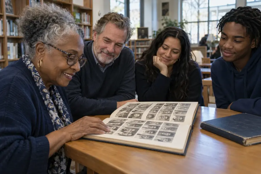 A grandmother at a library table pointing out classmates in an old yearbook to her family